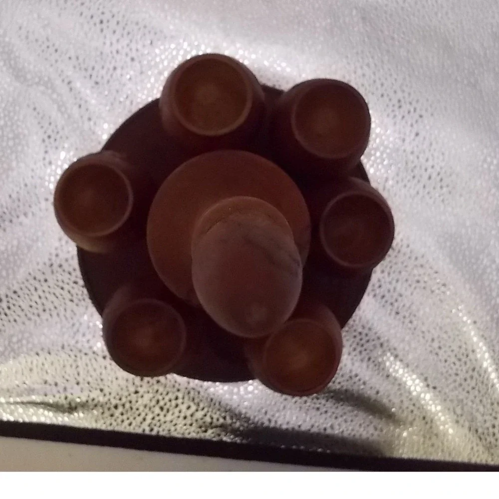 Vintage Hand Carved Wood Decanter Set 6 Cups Tray Floral Wood Burned Pyrography